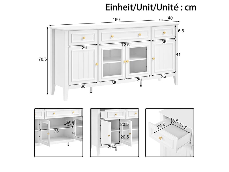  Commode 3 tiroirs et 4 portes, 160 x 40 x 78,5 cm, mdf avec portes vitrées, poignées en fer et éclairage led contrôlable par application, blanc  - Conforama C