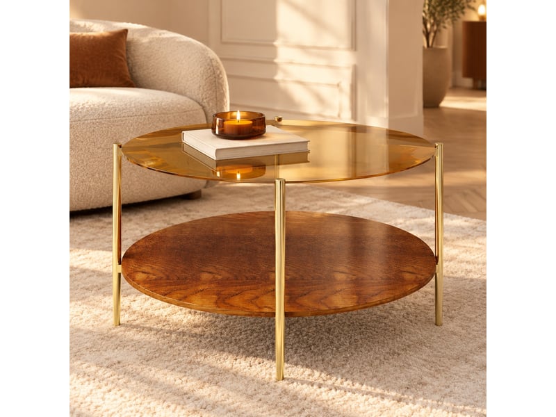  Table basse ronde 82 cm à plateau en verre trempé doré et rangement ouvert  - Conforama B