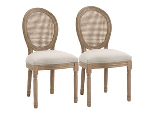 Lot de 2 chaises de salle à manger - chaise de salon médaillon style louis xvi - bois massif sculpté, patiné - aspect lin crème - dossier cannage