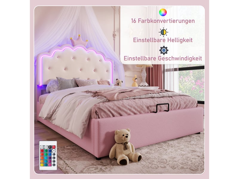  Lit coffre enfant 140x200 cm avec led, espace de rangement et sommier, lit princesse, pu, rose, sans matelas  - Conforama D