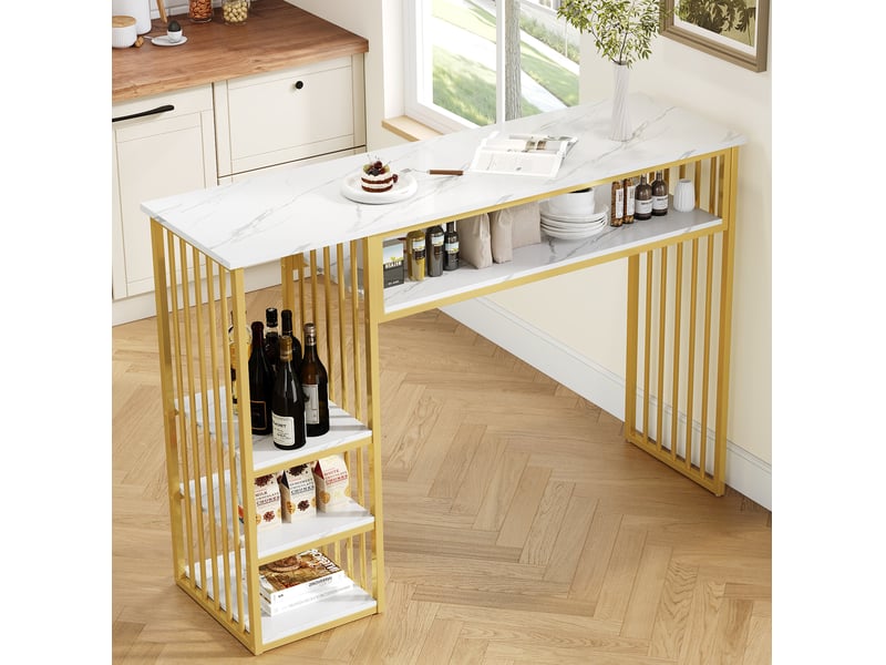 Table de salle à manger avec 3 étagères de rangement, finition marbre, en mdf et métal, blanc et doré, 140 × 40 × 105 cm - Conforama B