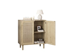 Buffet bas 80x40x88 cm naturel, 2 portes en rotin, poignées bois massif, meuble de rangement salon entrée
