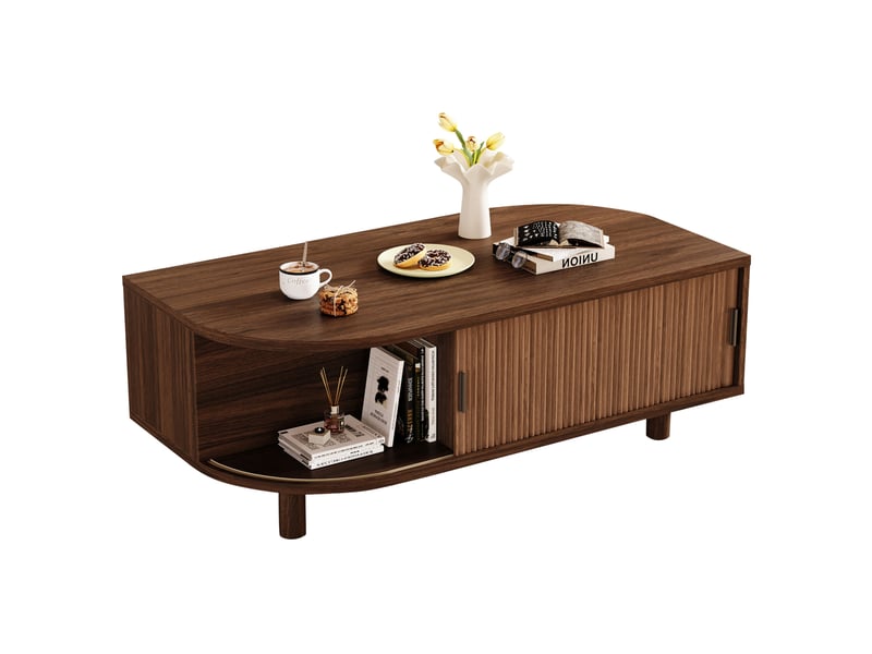  Table basse 100x50x35 cm avec 2 portes coulissantes, finition noyer  - Conforama A