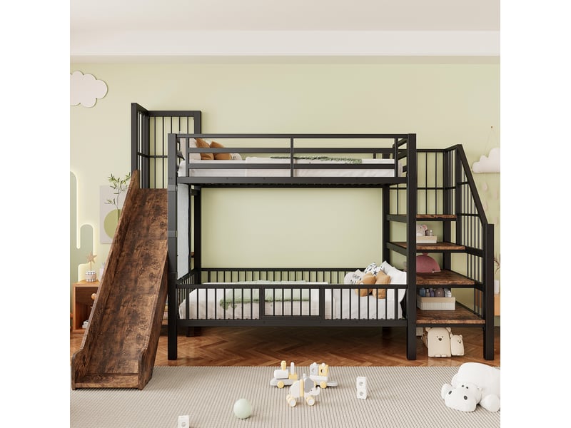 Lit mezzanine enfant 90x200 cm – noir – toboggan, escalier de rangement et étagères – sans matelas  - Conforama B