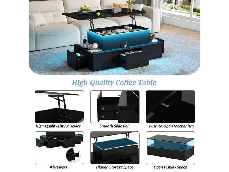  Table basse relevable, 100x50x40 cm, avec 4 tiroirs et led, mdf, noir  - Conforama E
