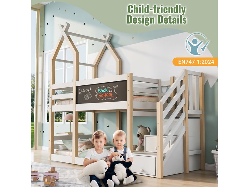 Lit superposé enfant  90x200- lit cabane - tableau noir 123x20cm - escalier rangement - 3 coffres - garde-corps - blanc et naturel  - Conforama B