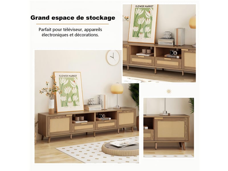  Meuble tv en rotin synthétique couleur chêne, meuble tv de 200 cm avec rangements, portes et tiroirs, style moderne  - Conforama R