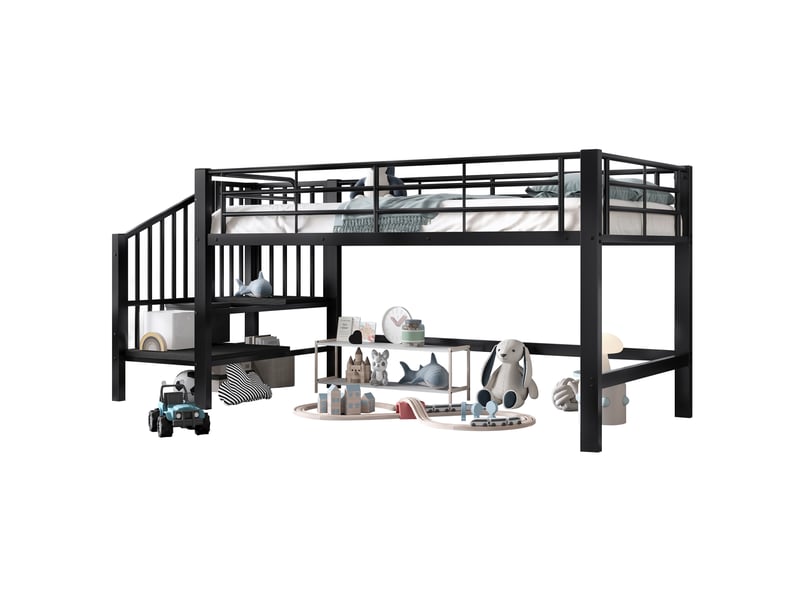  Modenvie lit mezzanine mi-hauteur 90x200 cm - escalier de rangement, sommier inclus - noir  - Conforama A
