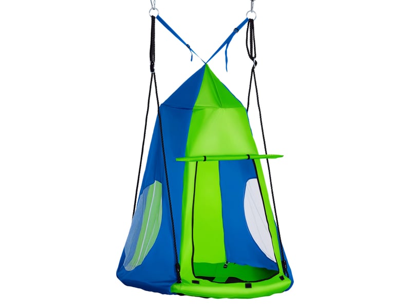  Balançoire nid d'oiseau ronde avec tente amovible ø 100 cm 4 anneaux inclus métal époxy oxford haute densité - vert et bleu  - Conforama A