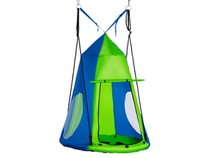 Balançoire nid d'oiseau ronde avec tente amovible ø 100 cm 4 anneaux inclus métal époxy oxford haute densité - vert et bleu