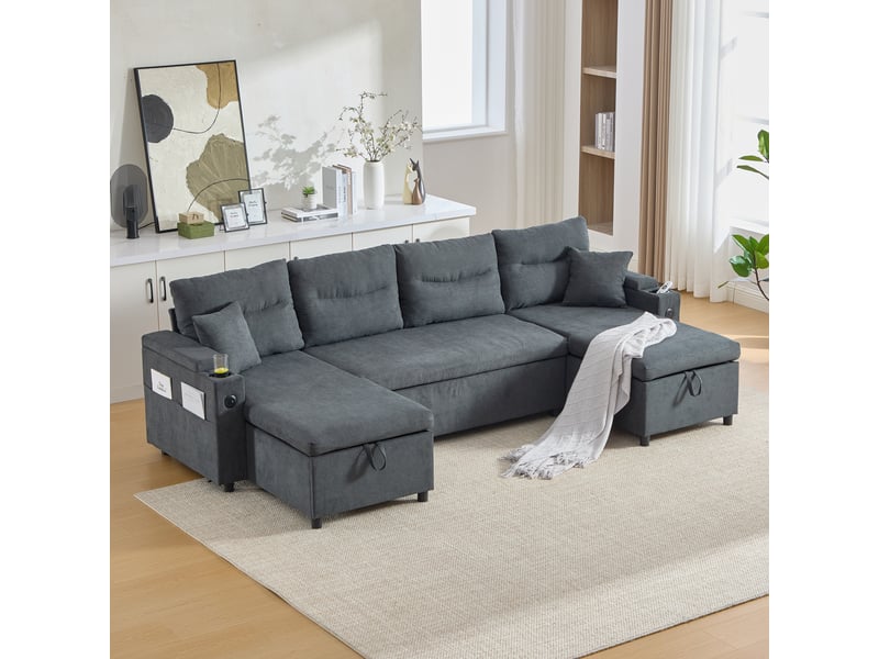  Canapé d’angle 4 places convertible double méridienne, rangement intégré, porte-gobelets, usb-c, couchage d’appoint, tissu lin gris foncé  - Conforama C