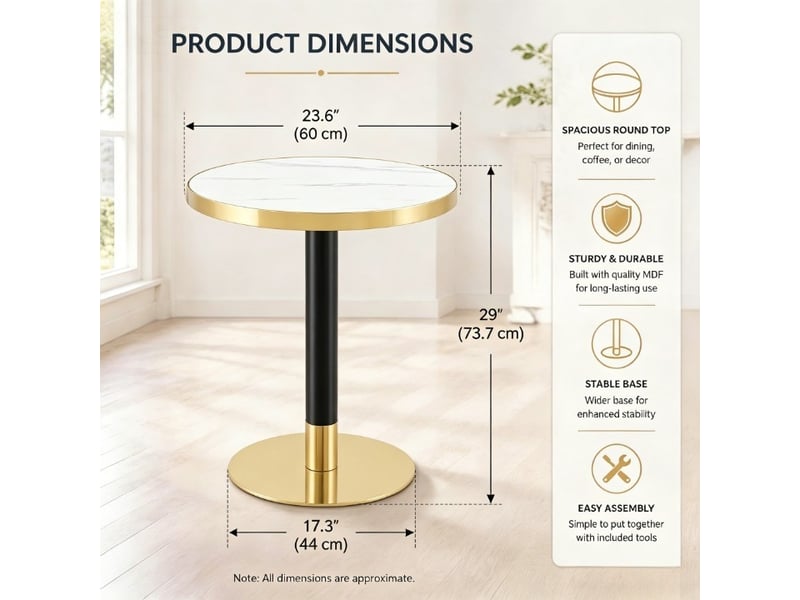 Table d'appoint ronde,ø60x73,7 cm,mdf,effet marbre blanc et métal noir doré  - Conforama C