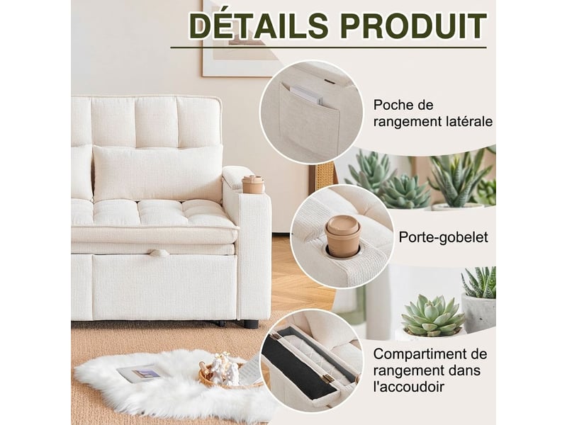  Canapé convertible 3-en-1 142 cm en tissu chenille effet nuage – canapé-lit 2 places avec position relax, 2 porte-gobelets, rangements dans accoudoirs et 2 coussins lombaires – beige  - Conforama D