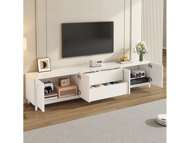 Meuble tv blanc 180 x 40 x 48 cm, 4 portes, 2 tiroirs, mdf et panneaux de particules - Conforama D