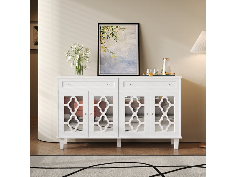  Buffet blanc à 4 portes miroir, 2 tiroirs et étagère réglable  - Conforama D