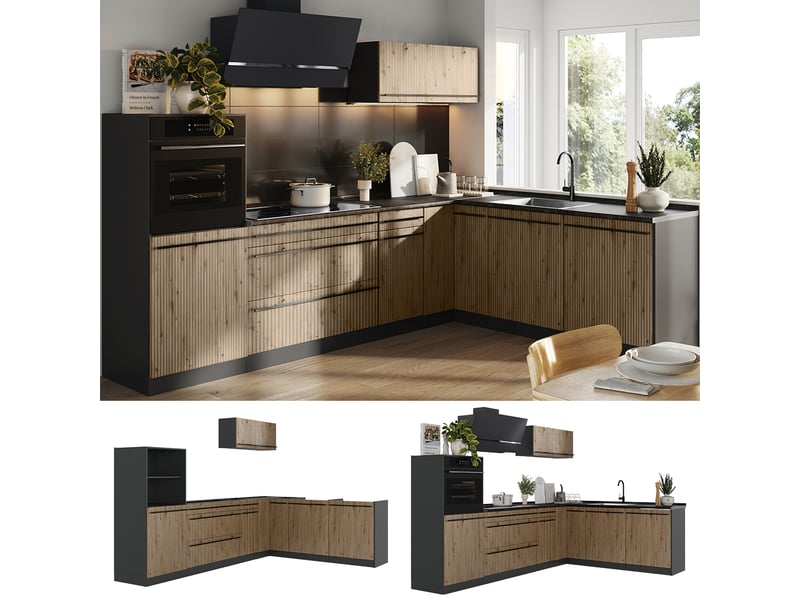  Vicco cuisine en angle, chêne artisananthracite, 287 x cm sans plan de travail  - Conforama D