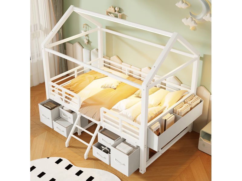  Lit mezzanine enfant 90 x 200 cm avec toit maison, led et tiroirs en tissu blanc  - Conforama E