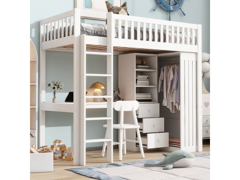  Lit mezzanine 90 x 200 cm avec bureau, armoire et 3 tiroirs intégrés, lit simple en pin blanc avec rangements ouverts, escalier et garde-corps  - Conforama B