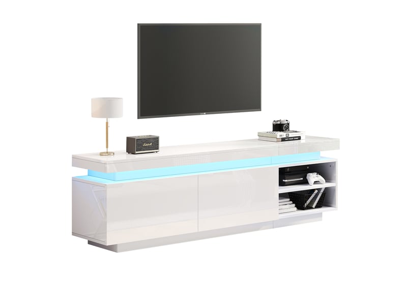  Meuble tv blanc brillant avec led 170 cm, banc tv moderne laqué pour écran 70 pouces, 2 portes  - Conforama A