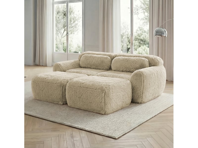  Canapé modulable convertible 2 places en velours kaki clair avec 2 ottomans, sans montage, confort nuageux  - Conforama B