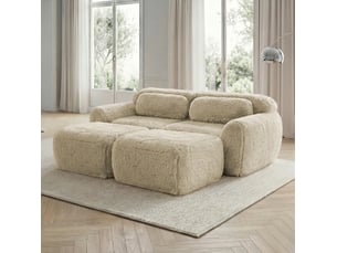 Canapé modulable convertible 2 places en velours kaki clair avec 2 ottomans, sans montage, confort nuageux