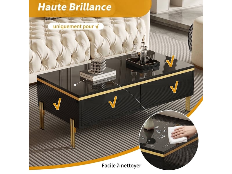  Ensemble meuble tv et table basse noir brillant avec pieds en métal doré et rangements  - Conforama E