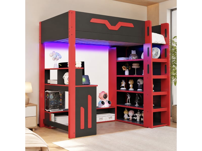 Lit surélevé enfant 90 x 200 cm avec bureau, rangements, escalier et éclairage led noir et rouge - Conforama D