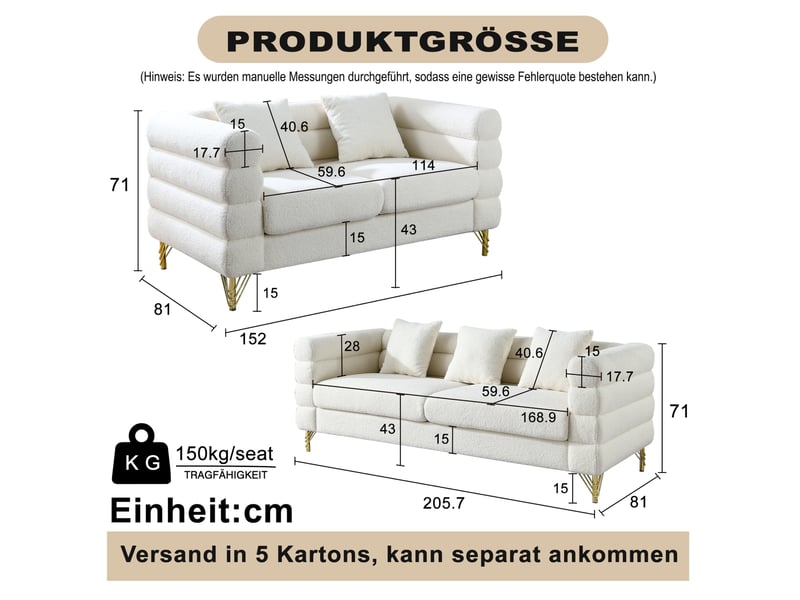  Canapé droit 5 places en ensemble 3 et 2 places avec dossier en forme de nuage et coussins en tissu bouclette blanc  - Conforama C
