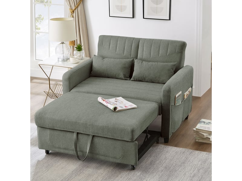  Canapé convertible deux places vert kaki, canapé-lit en tissu coton lin avec dossier réglable, couchage double pour petit espace  - Conforama E