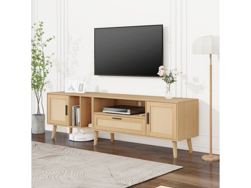 Meuble tv modenvie 180 x 40 x 54 cm avec 2 portes, tiroir et rangement chêne clair  - Conforama E