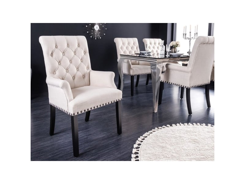  Lot de 2 fauteuils de table chesterfield regina beige capitonnés – accoudoirs, clous noirs et pieds en bois d'hévéa  - Conforama B