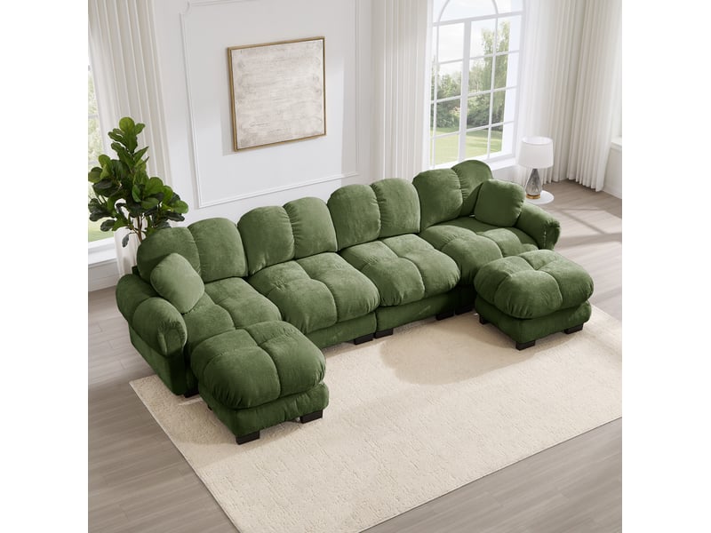  Canapé modulable 4 places modenvie en u avec 2 poufs mobiles, tissu chenille, 330 x 149 x 90 cm, vert  - Conforama E
