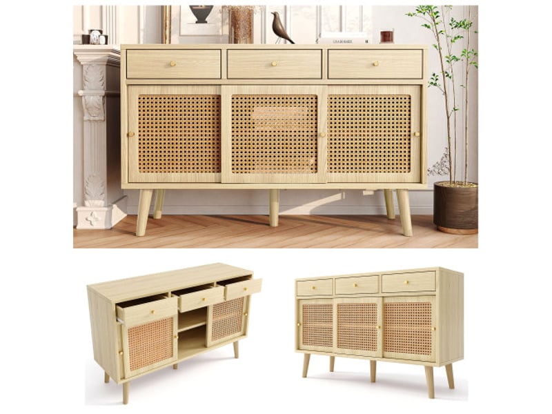  Buffet en rotin, avec 3 tiroirs et 3 portes coulissantes, pied bois massif, poignée métal,étagères réglables, 120x40x78cm, chêne  - Conforama B