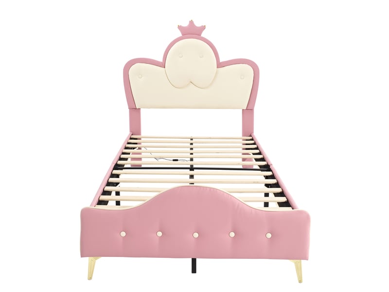  Lit enfant 90x200 cm avec led rgb, lit princesse couronne avec design vague, simili cuir pu, sommier à lattes,  pieds en métal, rose  - Conforama D