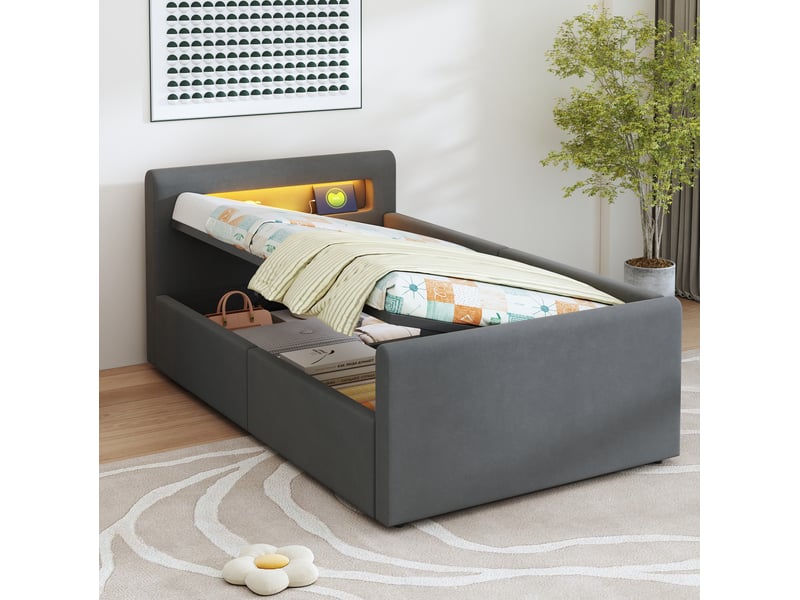  Lit coffre enfant 90x200 cm avec led et usb gris foncé  - Conforama D