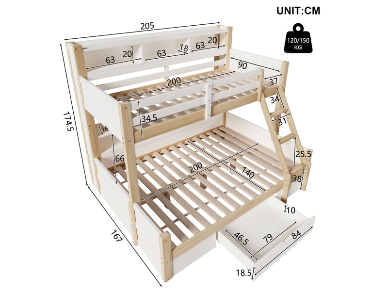  Lit superposé 3 places 90×200 cm et 140×200 cm, led, rangements et tiroir - okmyhome- blanc naturel, sans matelas  - Conforama D