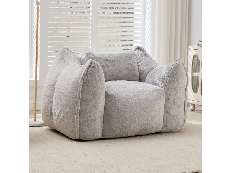  Fauteuil poire 123x97x73 cm avec coussin, dossier ergonomique, fausse fourrure grise  - Conforama B