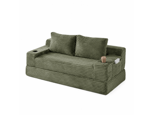 Canapé-lit convertible 2-en-1 en velours côtelé, avec 2 coussins, porte-gobelets intégrés et poches de rangement latérales - vert