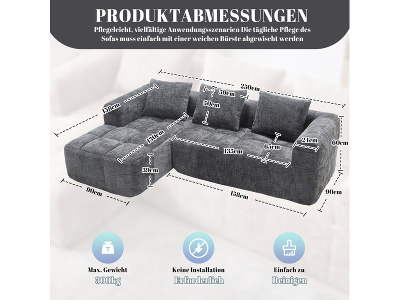  Canapé d'angle réversible 3 places en tissu gris avec méridienne, poches latérales et 3 coussins confortables  - Conforama C