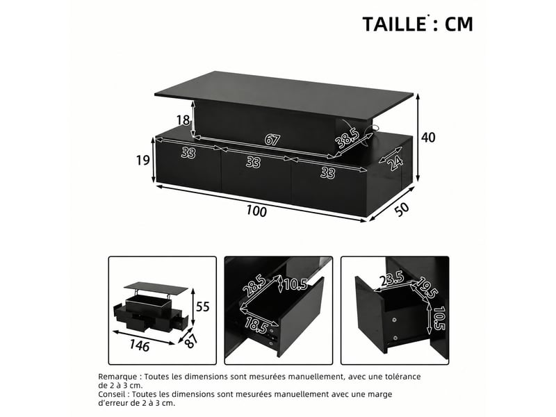 Table basse relevable noire avec rangement, 4 tiroirs, led, 100 x 50 cm, finition brillante - Conforama E