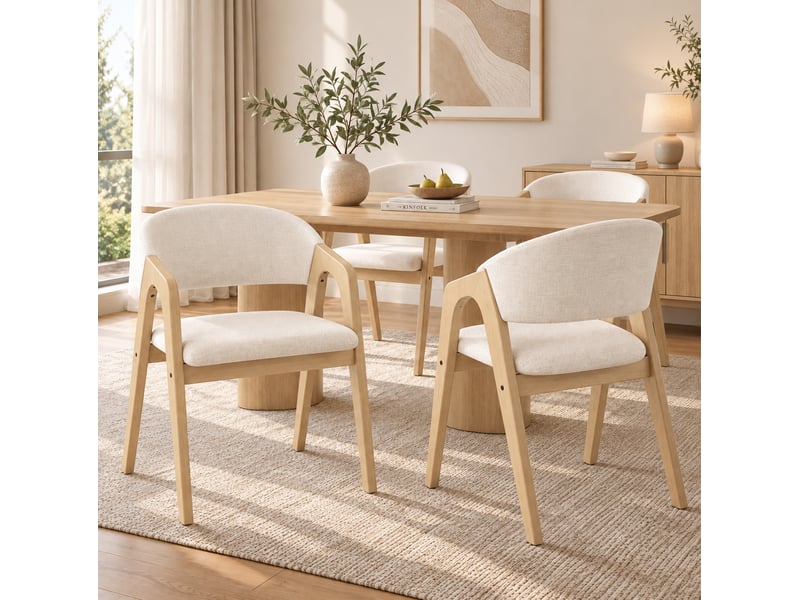  Lot de 4 chaises de salle à manger avec accoudoirs, bois et tissu en lin beige  - Conforama D