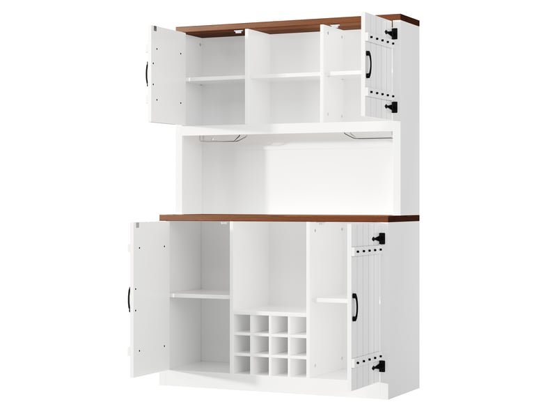  Vaisselier blanc buffet de cuisine industriel avec led rgb, armoire porte de grange avec casier à vin et étagères réglables, 120x180cm  - Conforama W