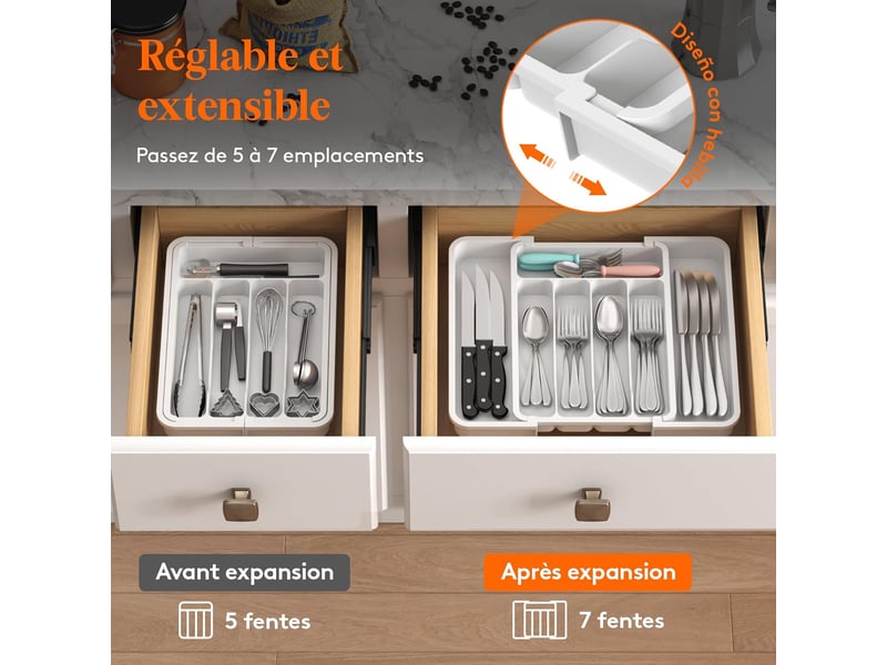  1 tiroir à couverts extensible blanc de 33,5 x 37,5 cm, boîte de rangement pour couverts (convient aux cuillères, fourchettes, couteaux)  - Conforama B