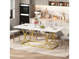 Table à manger 200x80, design marbre moderne, surface anti-taches antirrayures, 10x10personnes, structure métal or