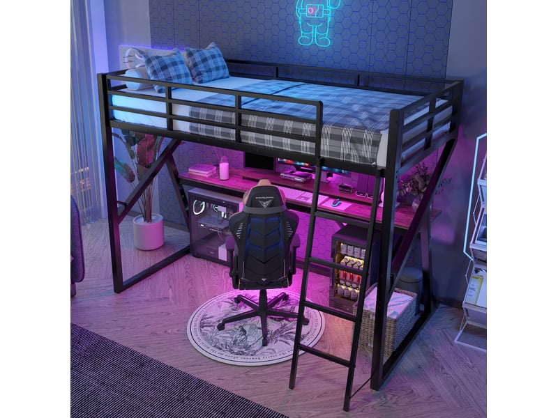  Lit mezzanine enfant 90x200 cm avec bureau, led multicolore, garde-corps, échelle, métal mdf, noir sans matelas  - Conforama D