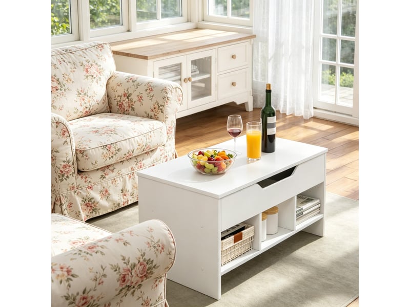  Table basse relevable blanche, table de salon transformable avec coffre et 3 casiers, 96x51x45 cm  - Conforama R