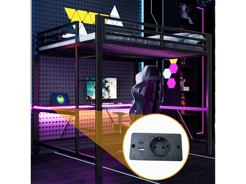  Lit mezzanine gaming 160x200 métal avec bureau intégré, led et port usb, noir  - Conforama B