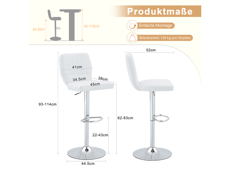  Lot de 2 tabourets de bar,réglables et pivotants 360°,similicuir,blanc  - Conforama C