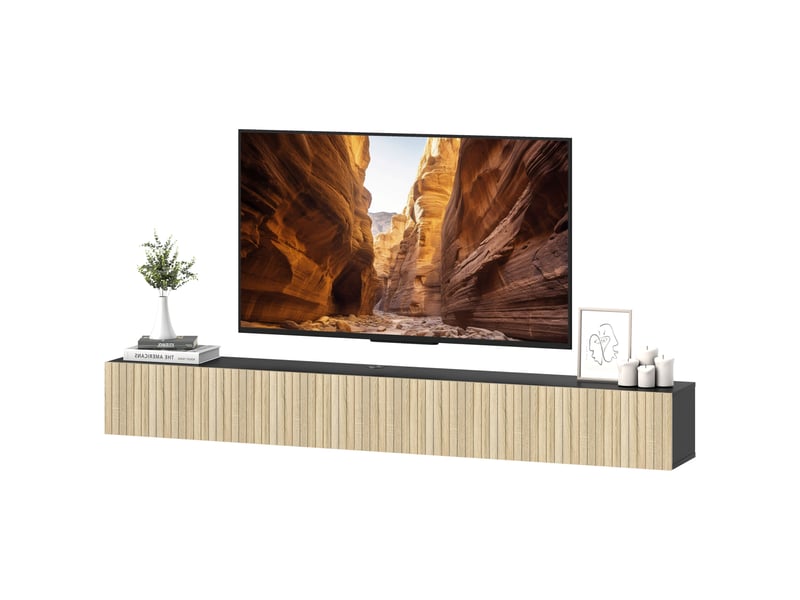  Meuble tv suspendu 2 portes rabattables bois naturel et noir 140 x 25 x 22 cm  - Conforama B