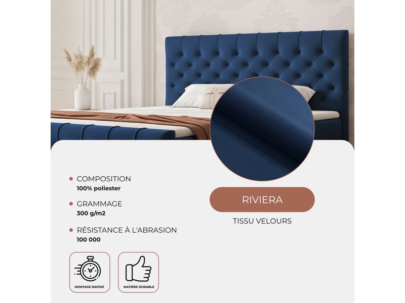  Lit adulte jolie - 180x200 cm - avec matelas à ressorts - coffre de rangement à ouverture latérale - bleu JOLIE - Conforama C